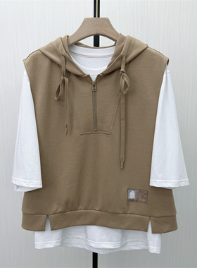 C●2026春季新品 宽松短袖T恤女时尚休闲连帽背心两件套上衣7222