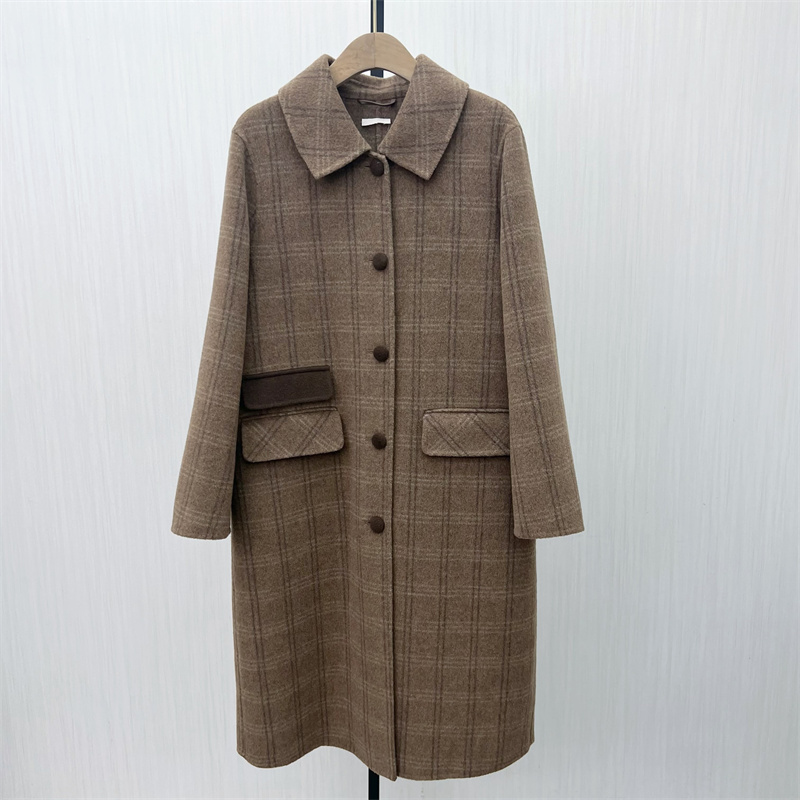 C●2025冬季新品 格纹双面呢大衣女气质长款宽松绵羊毛外套8305