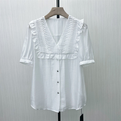 乂●2025夏季新品 法式短袖衬衫女气质宽松清新简约打底上衣3223