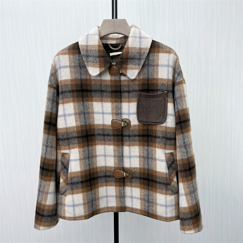 C●2025冬季新品 双面呢格纹大衣女气质短款绵羊毛呢子外套8330