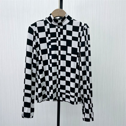 迪●2024冬季新品 棋盘格高领打底衫女修身显瘦长袖T恤上衣0666