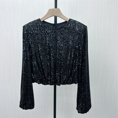 KA●2025冬季新品 亮片长袖T恤女设计感小众宽松休闲短款上衣1581