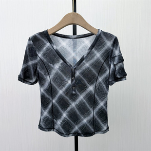 印花短袖 新 T恤女修身 显瘦休闲v领薄款 上衣505 打底衫 2026夏季