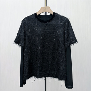 亮片T恤两件套女设计感小众宽松休闲长袖 新品 上衣128 2026春季
