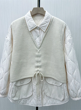 C●2025冬季新品 假两件拼接棉服女中长款棉衣夹棉保暖厚外套9237