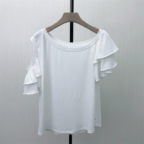 S●2026夏季新品 时尚不规则设计感荷叶边露肩上衣女短袖T恤939