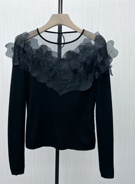 良月●2025冬季新品 镂空拼接针织衫女气质修身长袖打底上衣8334