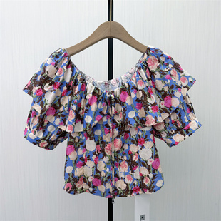 伊●2026夏季新品 一字领碎花衬衫女气质小清新别致短袖上衣3213