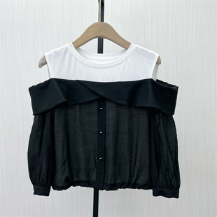 迪●2025夏季新品 假两件长袖上衣女时尚拼接休闲设计感衬衫6668