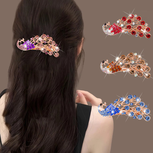 女新款优雅孔雀头花水钻发饰顶夹发卡夹子弹簧夹发夹成人头饰品