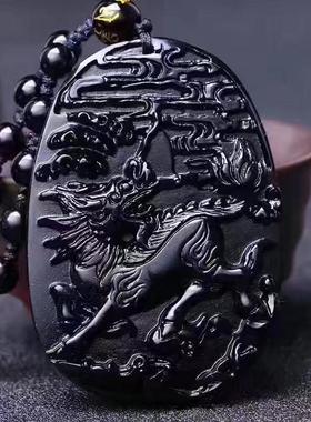 乌金黑曜石麒麟献瑞男女款吊坠
