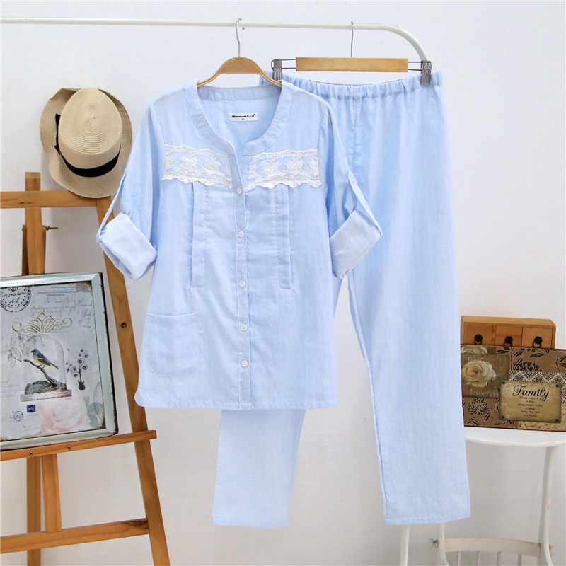 더블 레이어 순면 거즈 감금 의류 봄과 여름 산후 출산 잠옷 긴팔 얇은 간호 의류