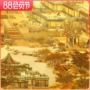 新中式 中国复古Style仿古典禅意墙纸金箔金色金黄色清明上河图壁纸