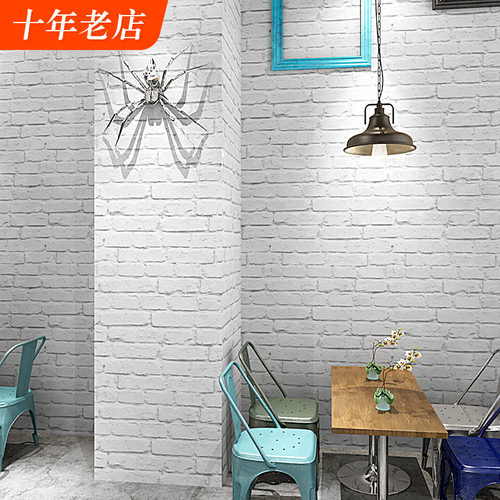 白色砖纹复古怀旧风理发店墙纸
