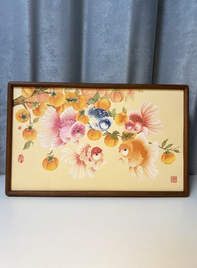 纯手绘柿柿如意金鱼装饰画客厅玄关挂画餐厅卧室摆台装饰30x50cm