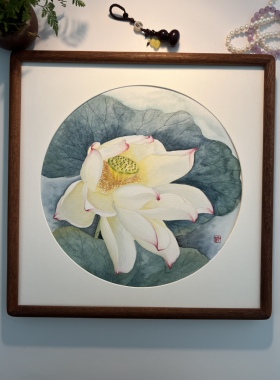 中式风格纯手绘国画荷花装饰画客厅卧室挂画家居摆画尺寸33x33cm
