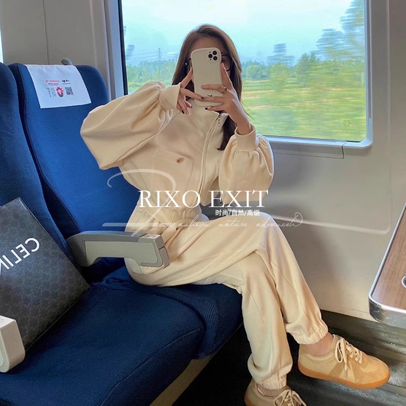 RIXO EXIT法式气质感休闲运动套装女短款立领上衣束腿裤两件套女