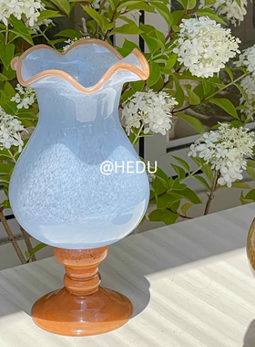 HEDU法式中古芬顿蓝色手工玻璃桌面透明水养插花瓶装饰品