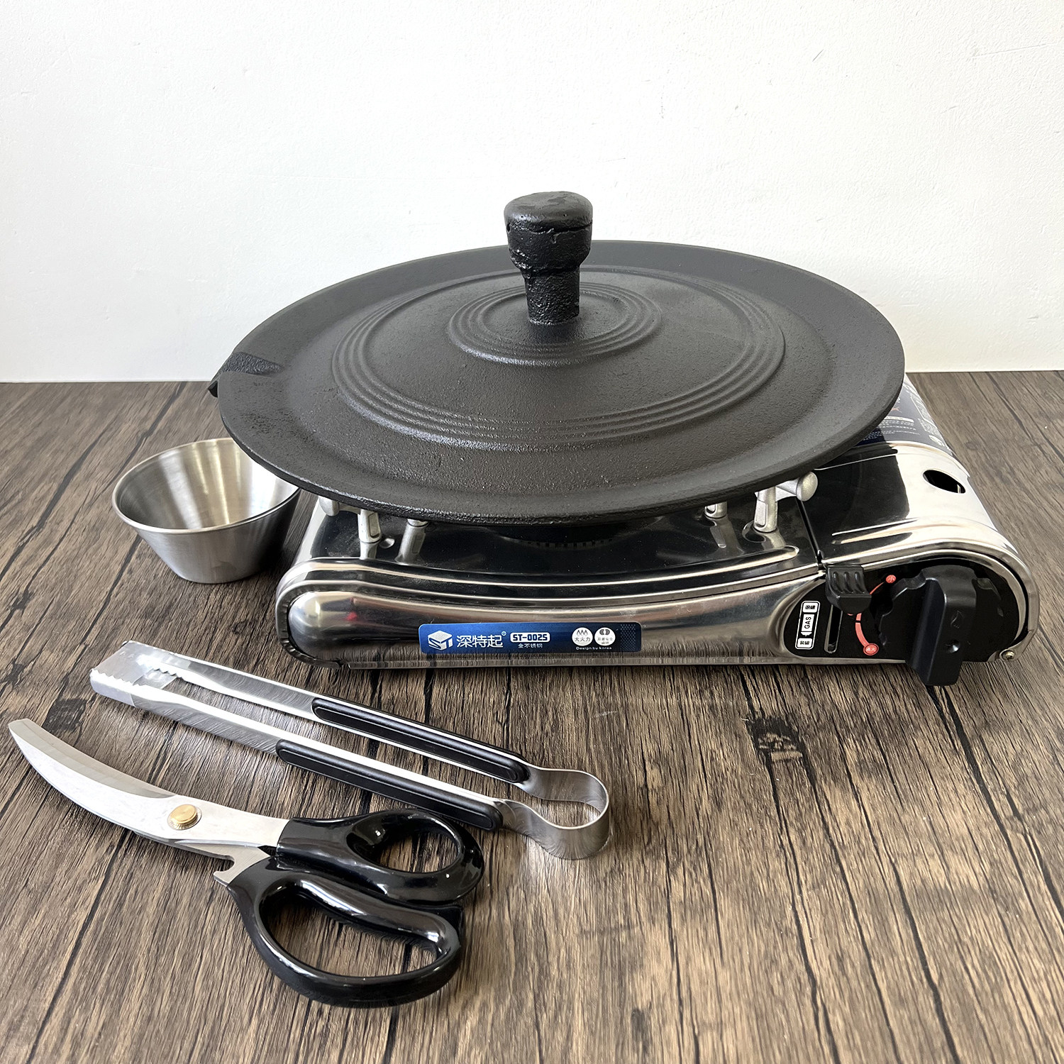 韩式铸铁锅盖烤盘带把卡式炉用无涂层烤五花肉烤盘铁板带把烤肉盘