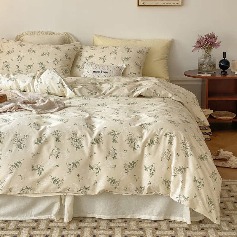 刘大姐家 纯棉学生复古奶咖碎花三四件套 全棉美式田园床单被套