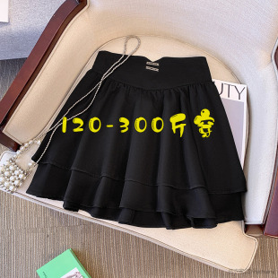 韩版 200斤夏季 a字裙高腰显瘦半身裙 女装 胖mm黑色百褶蛋糕短裙大码