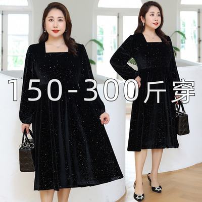 加肥加大秋冬加厚丝绒方领连衣裙