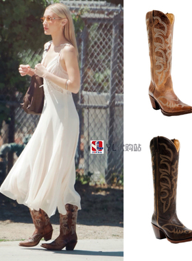 美国直邮代购Bella同款Shyanne刺绣方尖头高筒真皮靴夏西部牛仔靴