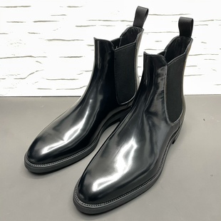 意大利开边珠英伦男士 短靴潮 马丁靴子切尔西靴男真皮亮面男鞋