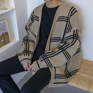 格子开衫 外套 毛衣男秋冬季 潮牌青少年百搭宽松外穿毛衣针织衫