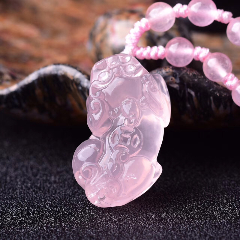 天然粉水晶貔貅吊坠 冰粉貔貅项链挂坠 粉晶貔貅项坠项链