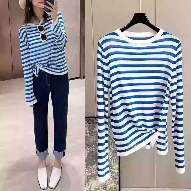 欧货海岸线针织衫桑蚕丝慵懒清爽蓝白条纹圆领长袖防晒衫女T恤潮