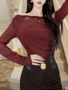 2025秋季新款法式一肩风情织就秋日浪漫高级感重工钉珠长袖上衣女