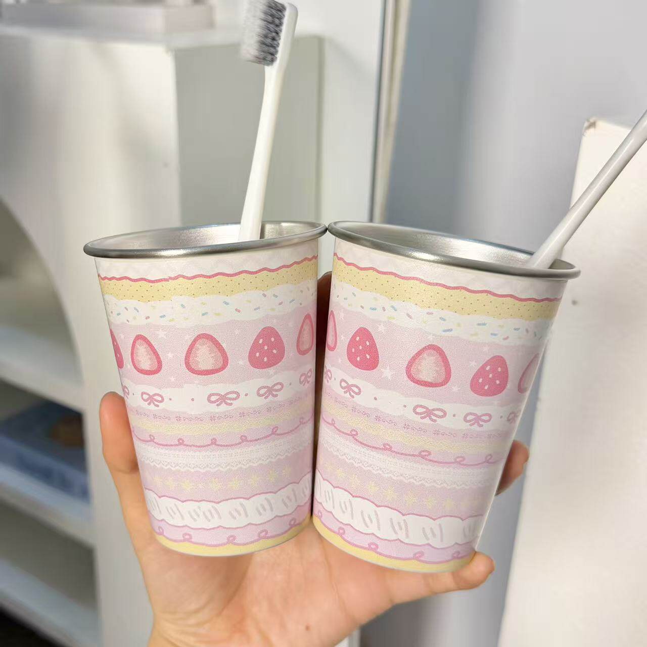 可爱草莓蛋糕洗漱杯304高筒不锈钢儿童学生刷牙杯情侣漱口杯家用