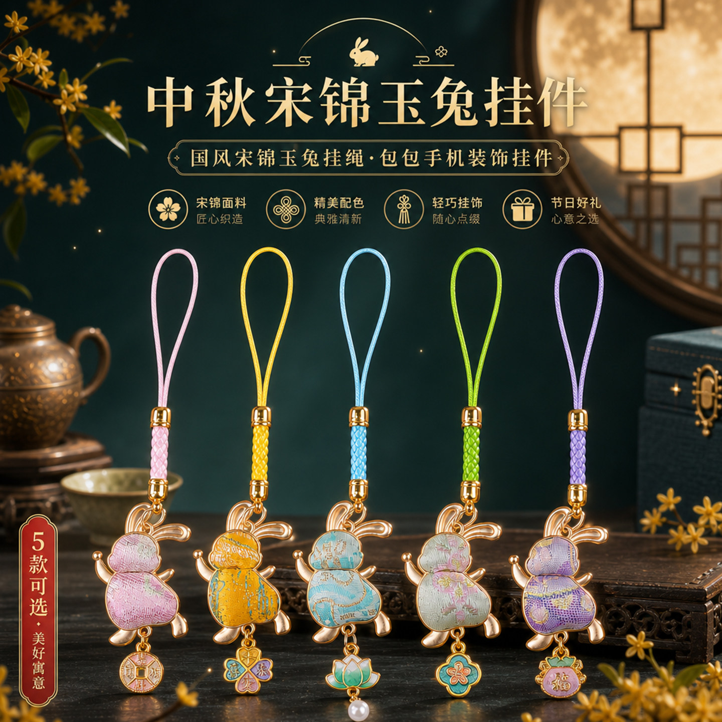 中秋宋锦玉兔挂件新中式双面面料