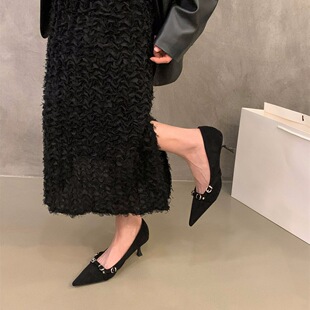 法式尖头黑色高跟鞋女鞋子2024秋冬季气质绒面配裙子红色婚鞋单鞋
