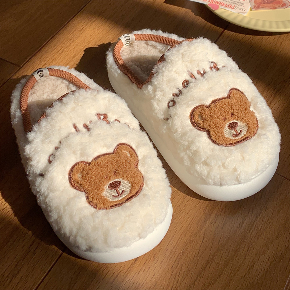 女冬季少女心家居防滑软底地板鞋可爱毛绒绒小熊保暖包头棉拖鞋