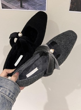 法式粗跟灰色单鞋配裙子晚晚鞋女鞋子2024秋冬季加绒玛丽珍毛毛鞋