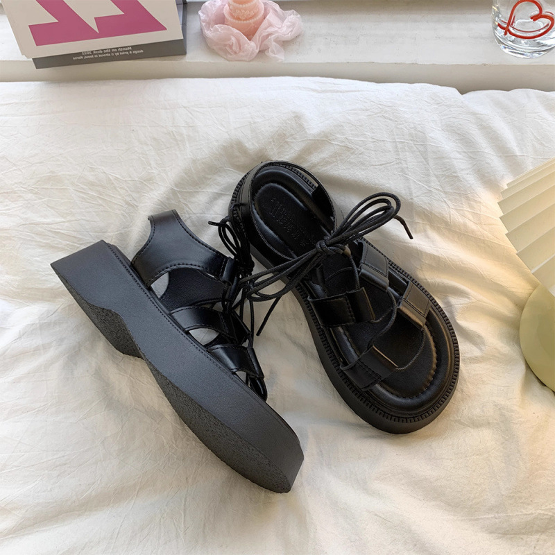韩国ulzzang夏季厚底罗马交叉绑带凉鞋原宿风松糕底黑色运动女鞋