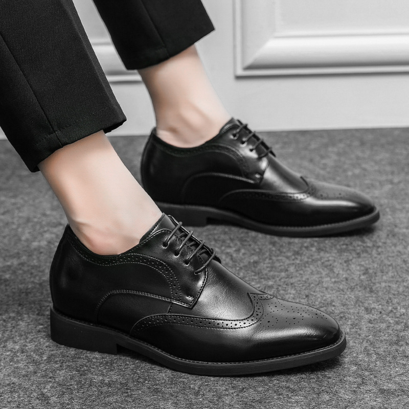 漆皮亮面布洛克雕花皮鞋2022春秋厚底漆亮皮内增高皮鞋男英伦潮鞋