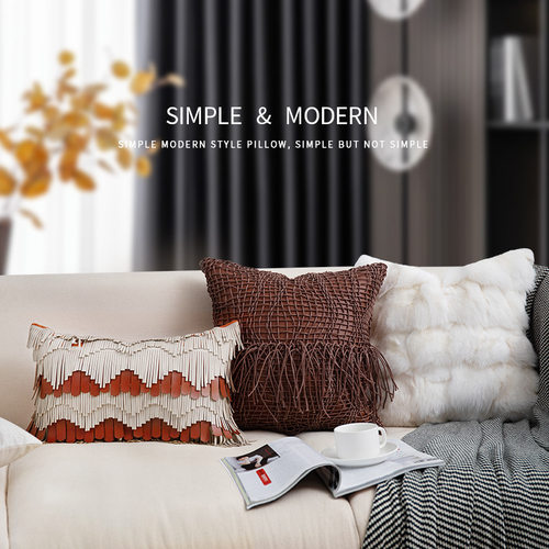 现代狐狸毛皮草沙发抱枕设计款PU编织拼接靠垫套酒店床上方枕批发