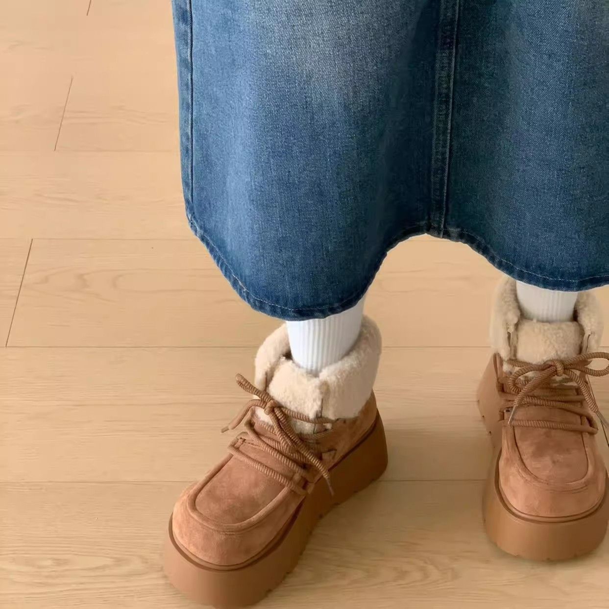 加绒加厚保暖松糕底内增高棉鞋2024冬季新款百搭增高厚底雪地靴女