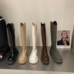 小个子后拉链长筒骑士靴女靴子2022新款秋冬季卡其色夏季中筒长靴