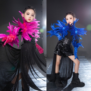 女童秋冬演出潮服走秀T台服装套装 羽毛机车服新款酷帅6皮裤8男童
