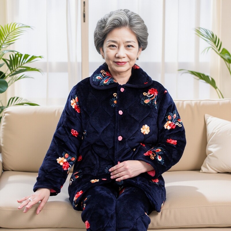 冬女士睡衣可爱中长款连帽法兰绒三层夹棉加厚保暖外穿中老年棉袄