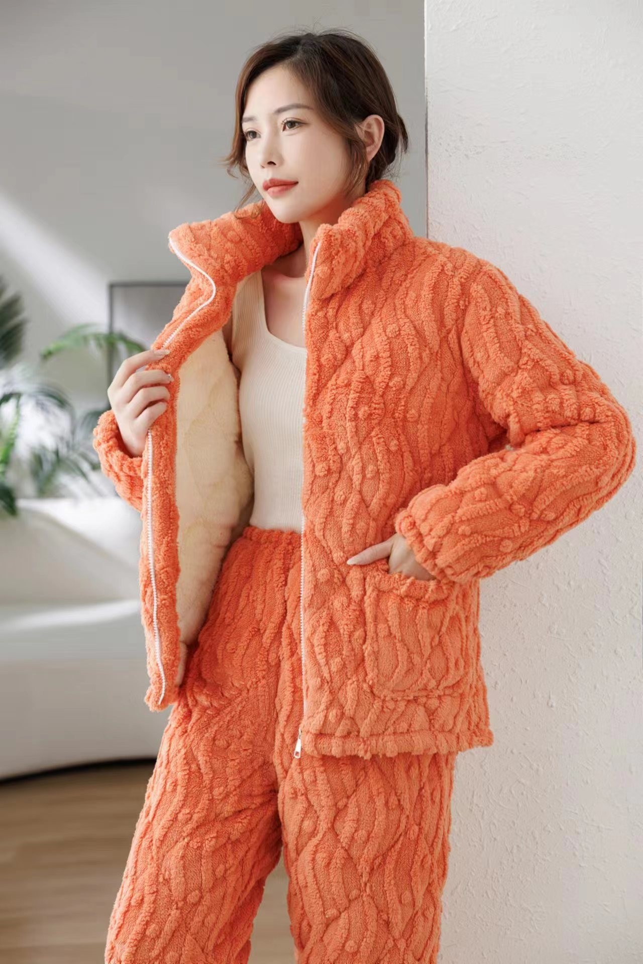 特价冬季女夹棉加厚三层保暖睡衣法兰绒家居服棉袄中老年款外出穿