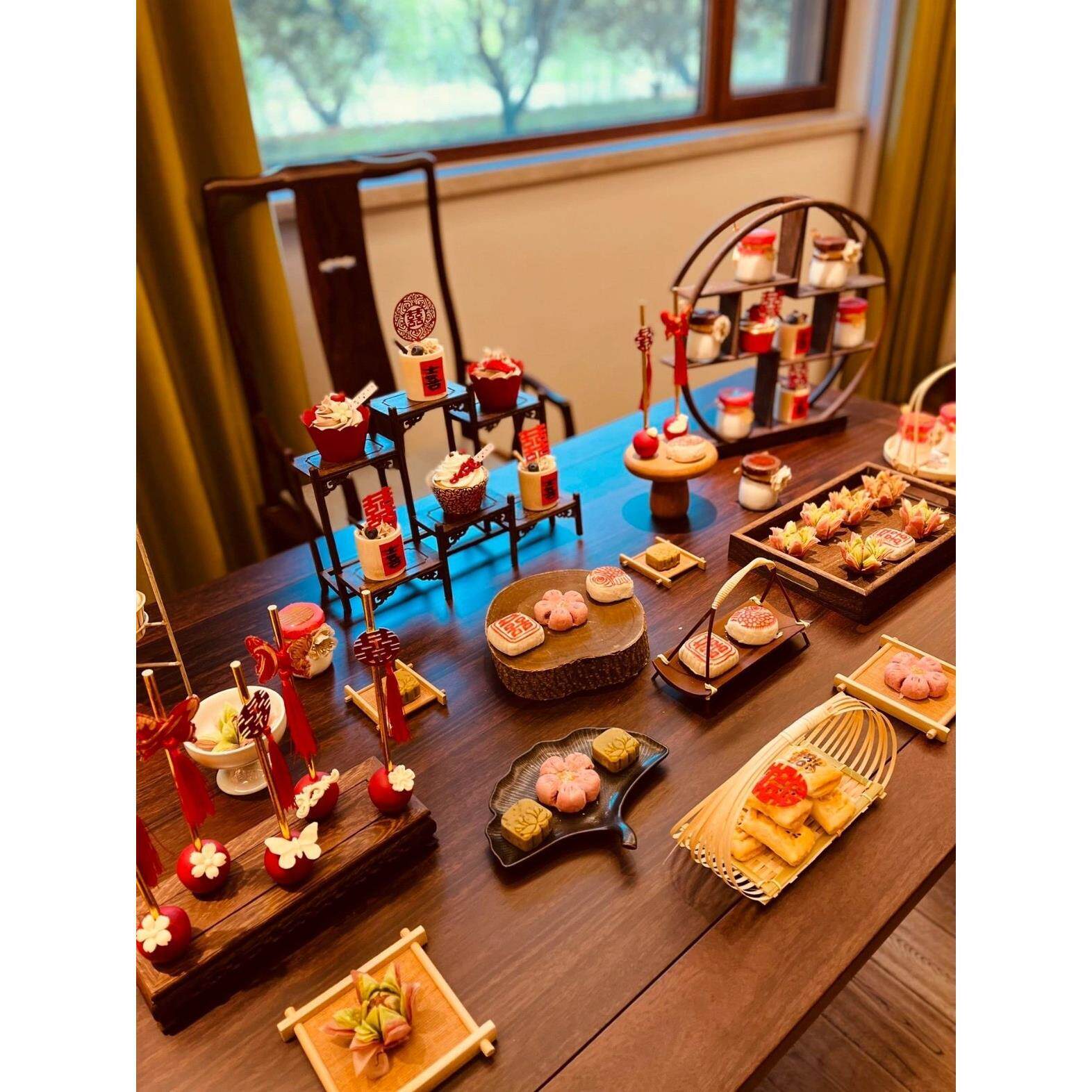 新中式婚礼订婚宴甜品台展示架生日宴会摆件蛋糕架实木套装