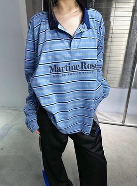 Martine rose 24SS 蓝色条纹美式复古男女装宽松长袖T恤polo衫潮