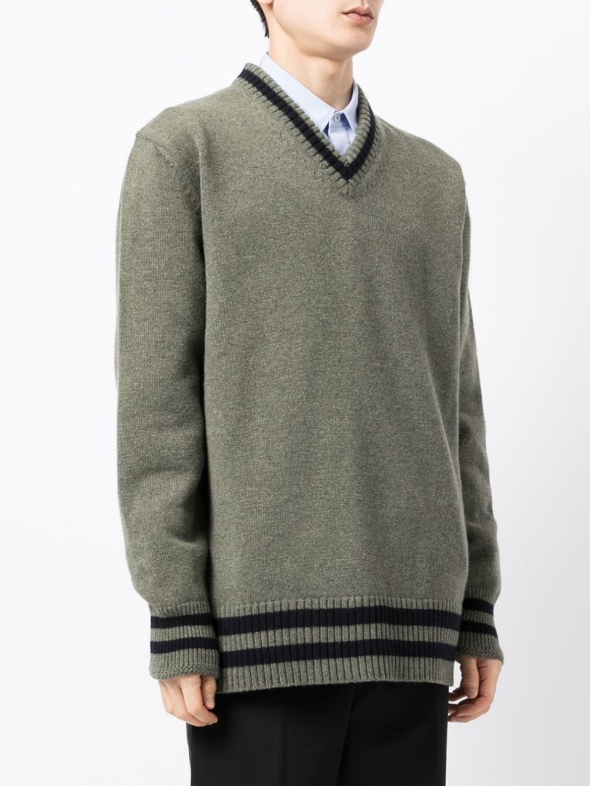自主M风格 21FW纯色四角标V领条纹套头保暖毛衣针织衫男女装秋冬