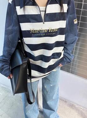 Martine rose 复古潮条纹半拉链刺绣宽松长袖T恤polo衫套头卫衣