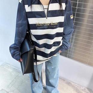 Martine rose 复古潮条纹半拉链刺绣宽松长袖T恤polo衫套头卫衣